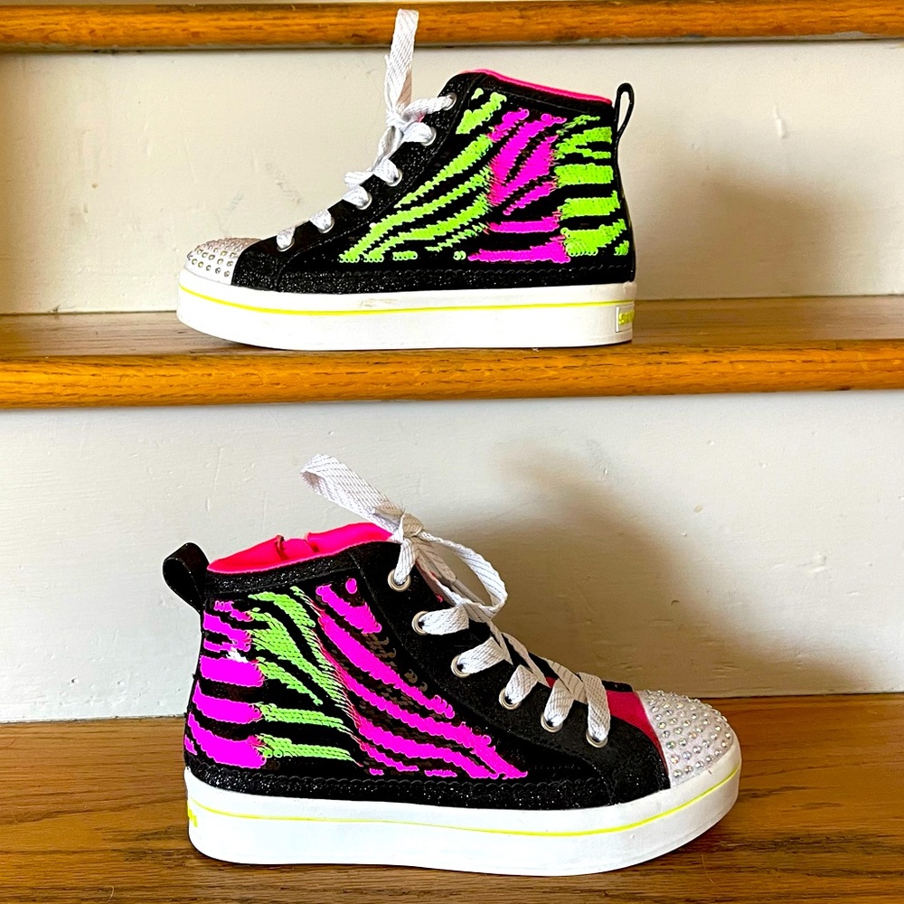Sketchers NEW sequin flip Neon Sparkle Zebra stripe Zipper Shoes